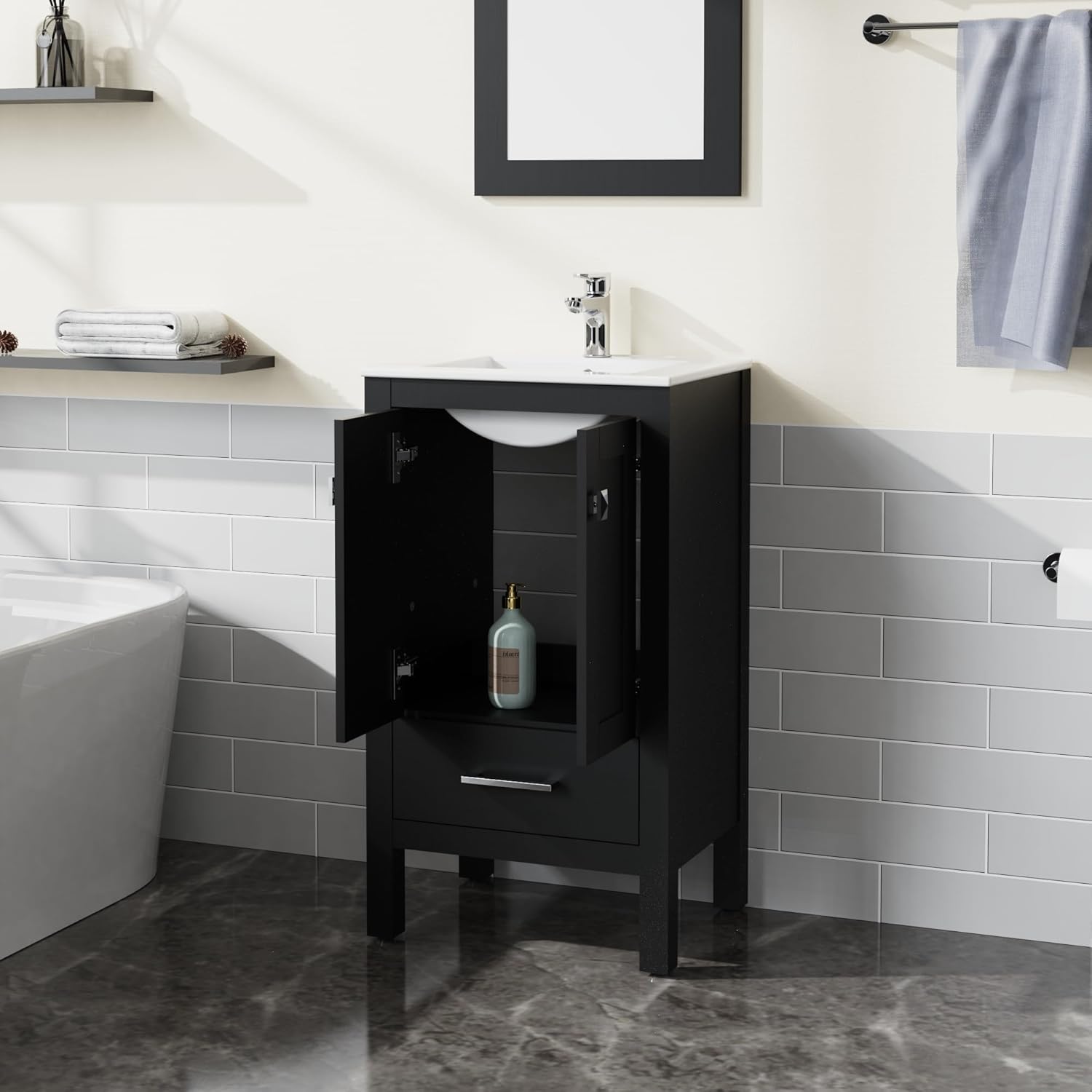 Goodyo 20 inch Bathroom Vanity Sink Combo Black Bathroom Cabinet with White Sink Top Black Water Grain Ripple Pattern