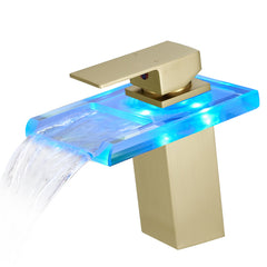 Bathroom Sink Faucet LED Light 3 Colors Changing Waterfall Glass Spout Hot Cold Water Mixer Single Handle One Hole Deck Mounted Bathroom Faucet Black Lavatory Vanity Basin Bath Plumbing Fixtures