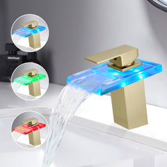 Bathroom Sink Faucet LED Light 3 Colors Changing Waterfall Glass Spout Hot Cold Water Mixer Single Handle One Hole Deck Mounted Bathroom Faucet Black Lavatory Vanity Basin Bath Plumbing Fixtures