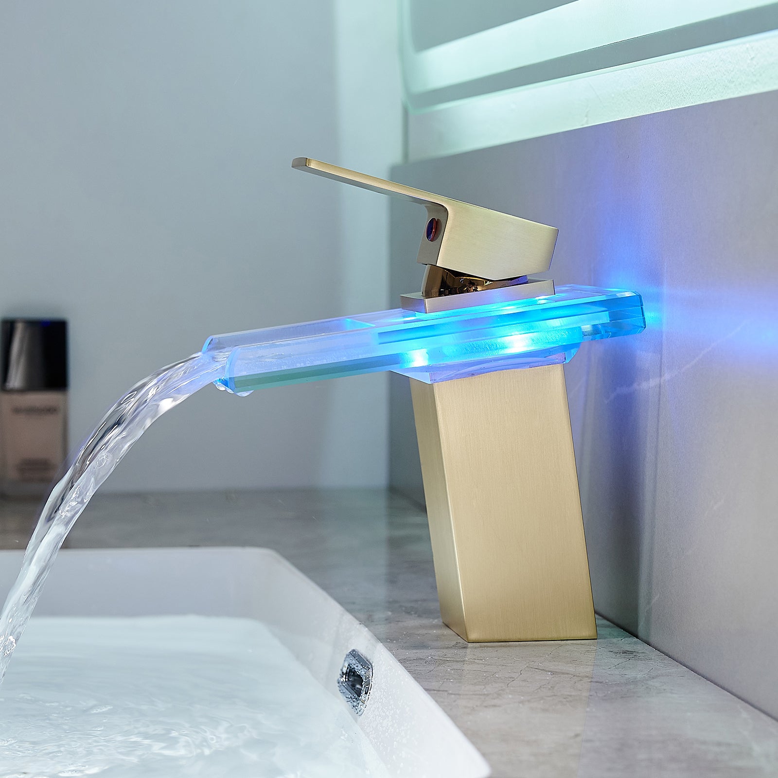 Bathroom Sink Faucet LED Light 3 Colors Changing Waterfall Glass Spout Hot Cold Water Mixer Single Handle One Hole Deck Mounted Bathroom Faucet Black Lavatory Vanity Basin Bath Plumbing Fixtures