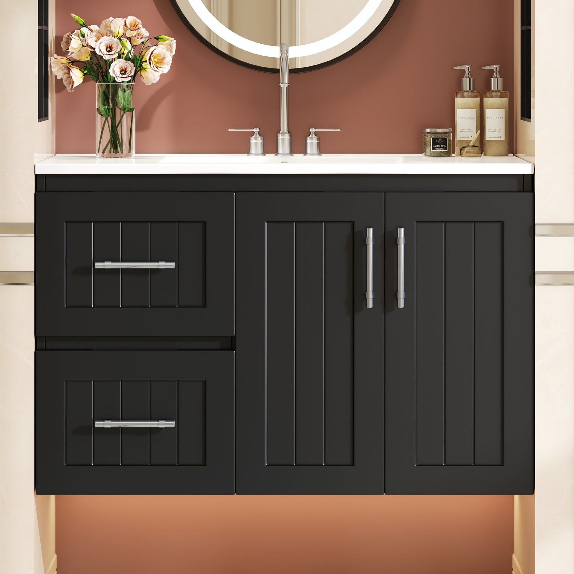 36'' Wall Mounted Bathroom Vanity, Floating Bathroom Storage Cabinet with 2 Drawers, 3 Holes Single Ceramic Sink, Modern Cabinet with Adjustable Shelf