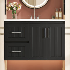 36'' Wall Mounted Bathroom Vanity, Floating Bathroom Storage Cabinet with 2 Drawers, 3 Holes Single Ceramic Sink, Modern Cabinet with Adjustable Shelf
