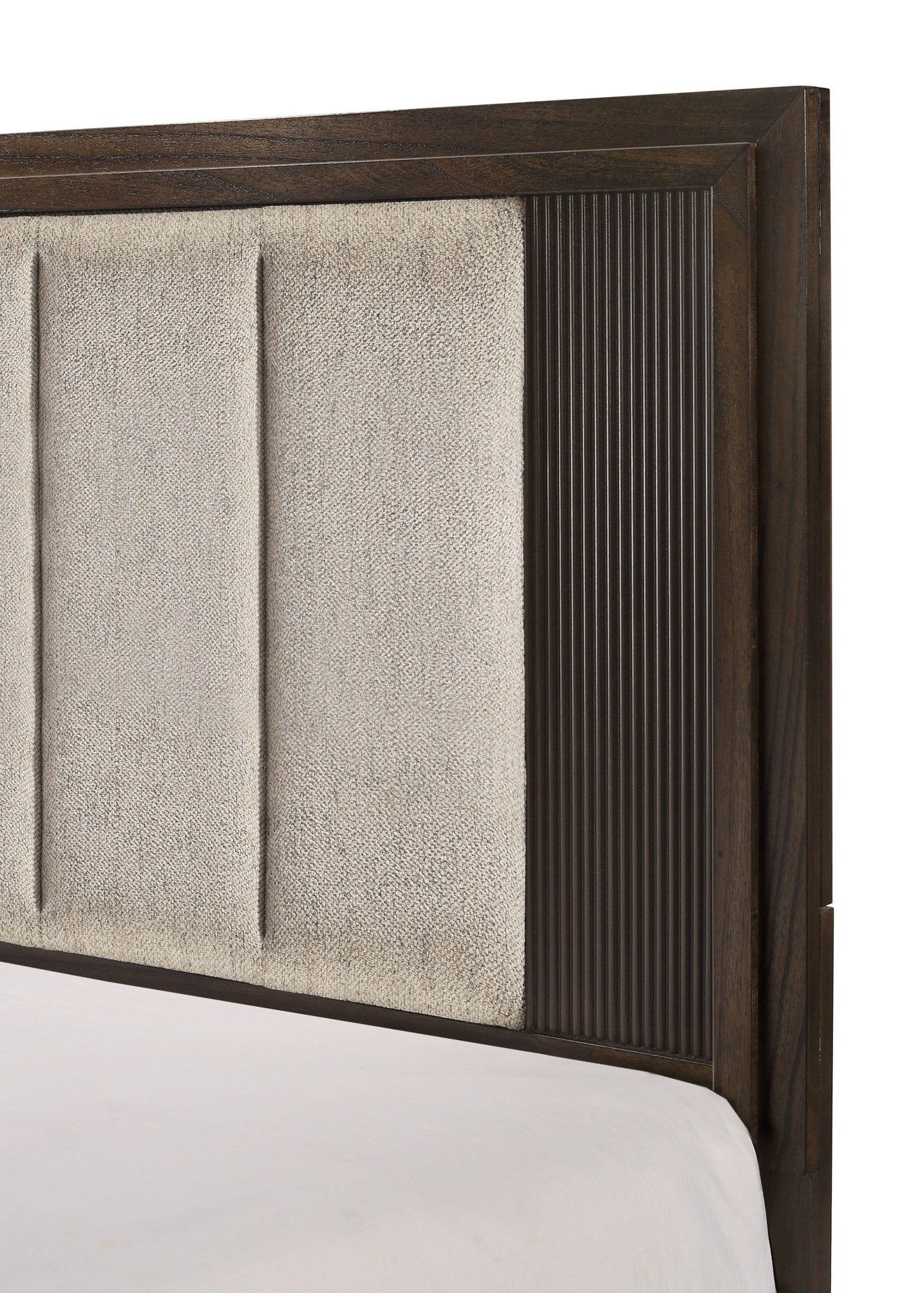 1pc King Size Bed Rich Wood Finish Sleek Linear Details Rustic Charm Plush Upholstered Headboard Framed Deep Tones Brown