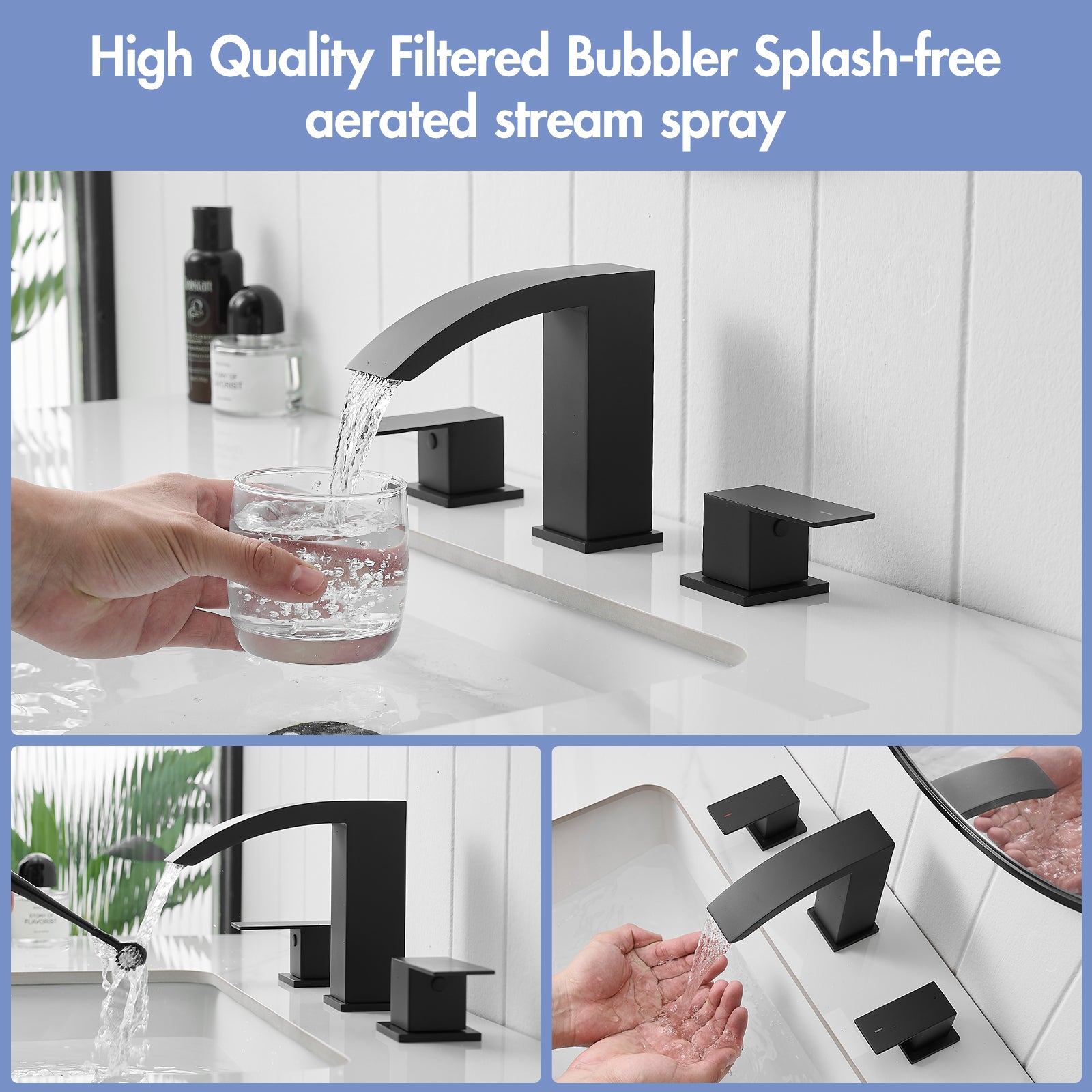 Bathroom Stainless Steel Faucets for Sink 3 Hole Matte Black 8 inch Widespread Bathroom Sink Faucet Double Lever Handle Faucet Bathroom Vanity Faucet Basin Mixer Tap Faucet with Hose