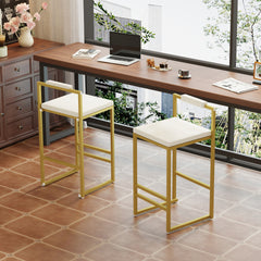 Upholstered Velvet Bar Stools Set of 2 Modern Kitchen Counter Height Barstools Indoor Dining Chairs (Gold & Creamy White)