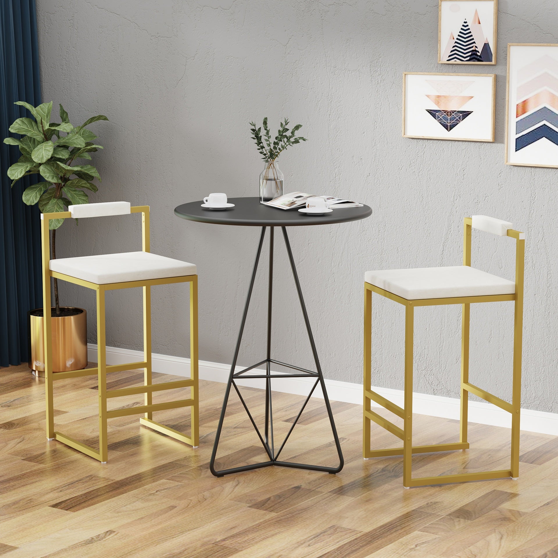 Upholstered Velvet Bar Stools Set of 2 Modern Kitchen Counter Height Barstools Indoor Dining Chairs (Gold & Creamy White)