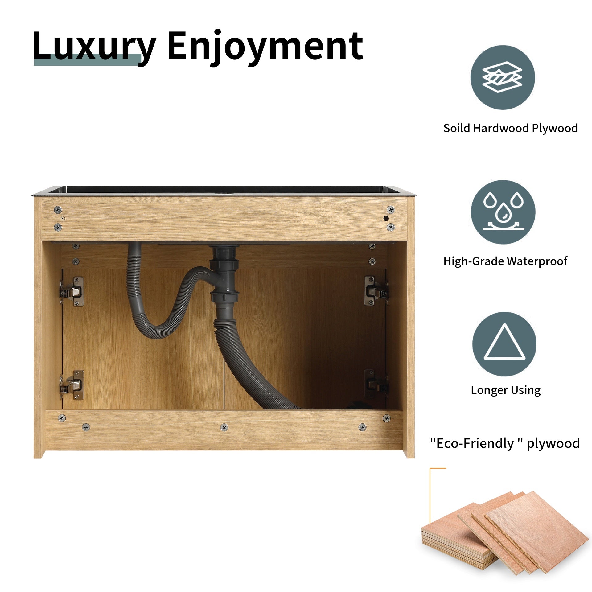 28" Wall Mounted Bathroom Vanity / Laundry Utility Cabinet, w/ Stainless Steel Sink and Flexible Drain Pipe, 2-Soft Close Door, Oak, Plywood, KD-Packing