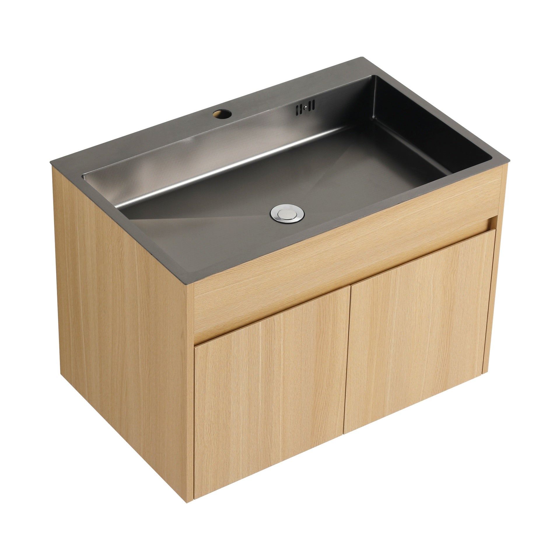 28" Wall Mounted Bathroom Vanity / Laundry Utility Cabinet, w/ Stainless Steel Sink and Flexible Drain Pipe, 2-Soft Close Door, Oak, Plywood, KD-Packing