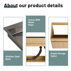 28" Wall Mounted Bathroom Vanity / Laundry Utility Cabinet, w/ Stainless Steel Sink and Flexible Drain Pipe, 2-Soft Close Door, Oak, Plywood, KD-Packing