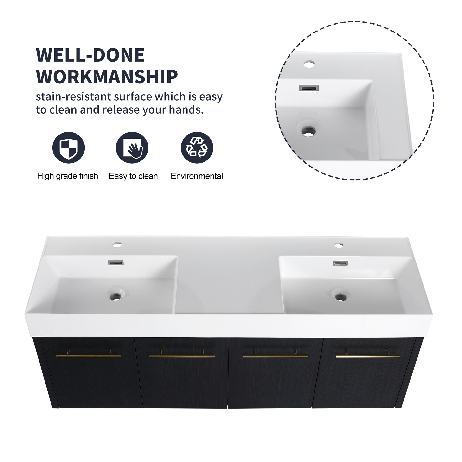60 Inch Wall-Mounted Bathroom Vanity with Sink, Thick Edged Double Resin Sink, KD-Package