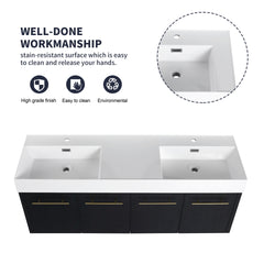 60 Inch Wall-Mounted Bathroom Vanity with Sink, Thick Edged Double Resin Sink, KD-Package
