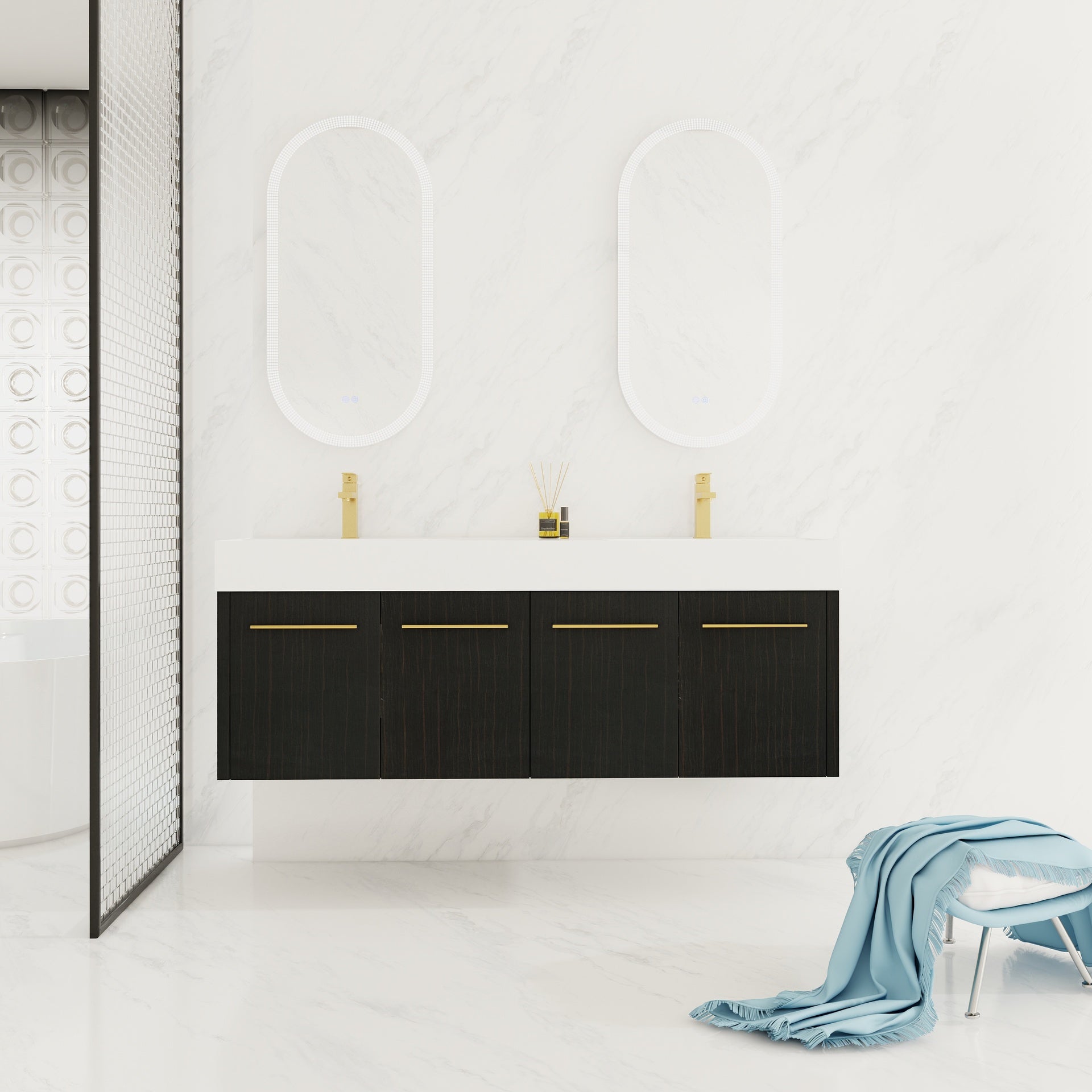 60 Inch Wall-Mounted Bathroom Vanity with Sink, Thick Edged Double Resin Sink, KD-Package