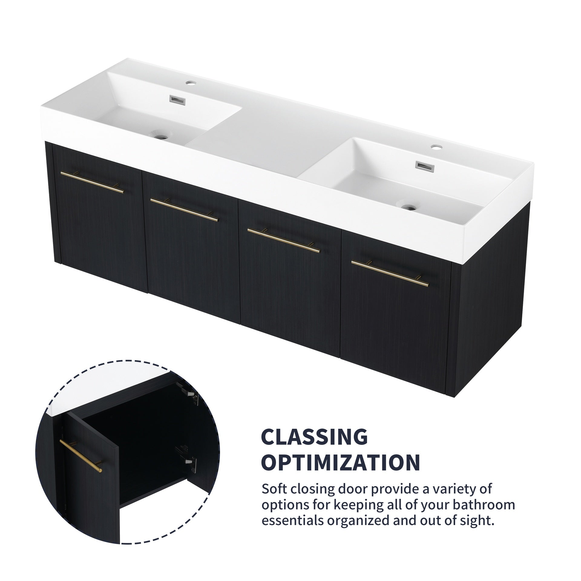 60 Inch Wall-Mounted Bathroom Vanity with Sink, Thick Edged Double Resin Sink, KD-Package