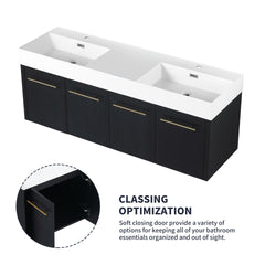 60 Inch Wall-Mounted Bathroom Vanity with Sink, Thick Edged Double Resin Sink, KD-Package