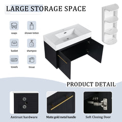 36 Inch Wall-Mounted Bathroom Vanity with Sink and Storage Rack, Thick Edged Resin Basin, KD-Package