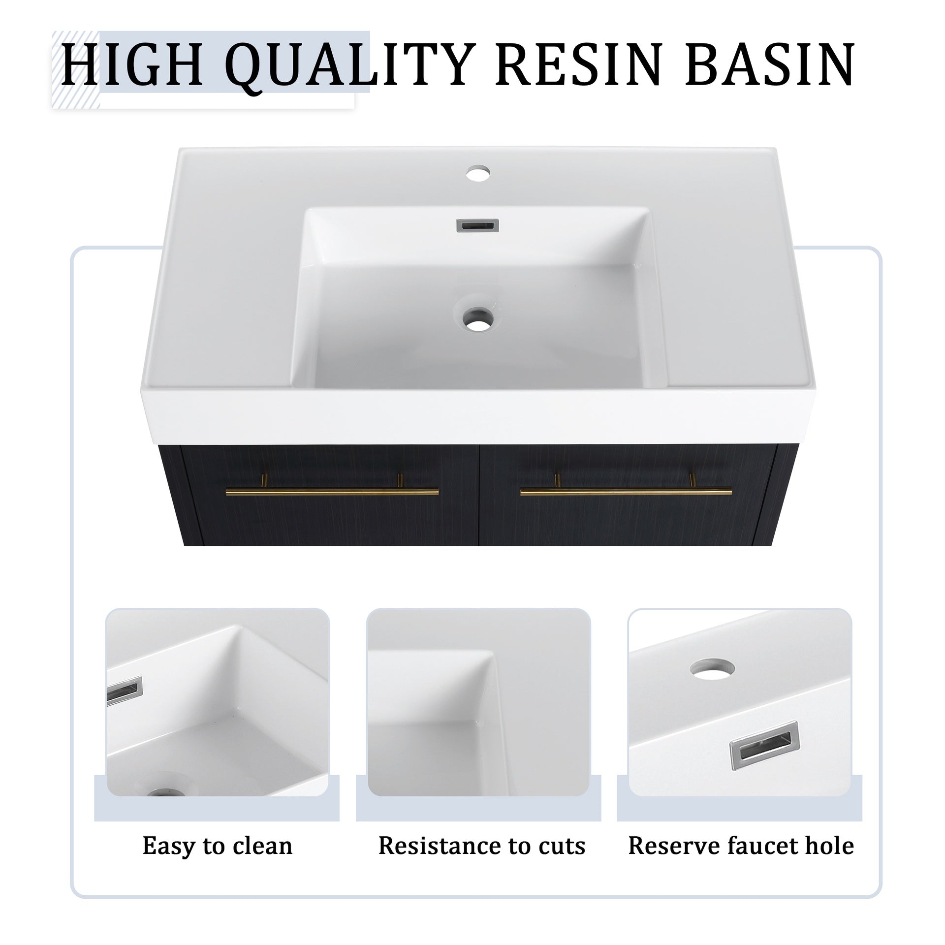 36 Inch Wall-Mounted Bathroom Vanity with Sink and Storage Rack, Thick Edged Resin Basin, KD-Package