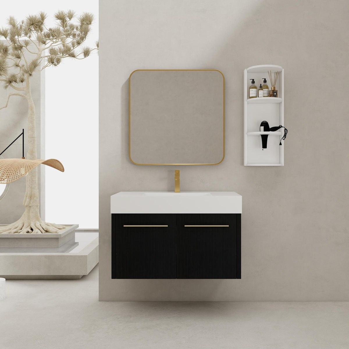 36 Inch Wall-Mounted Bathroom Vanity with Sink and Storage Rack, Thick Edged Resin Basin, KD-Package