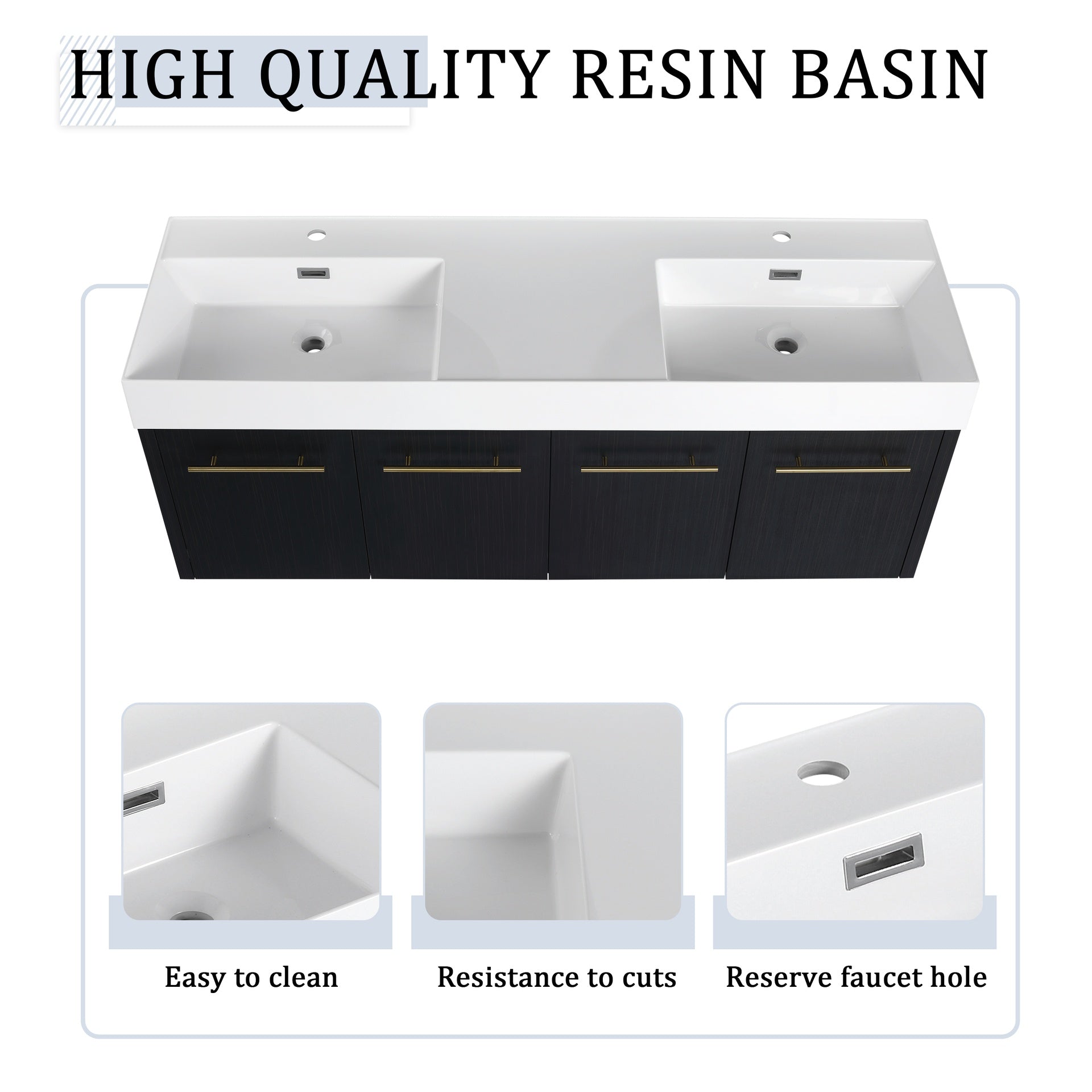 60 Inch Wall-Mounted Bathroom Vanity with Sink and Storage Rack, Thick Edged Double Resin Sink, KD-Package