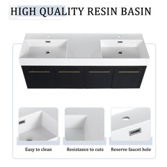 60 Inch Wall-Mounted Bathroom Vanity with Sink and Storage Rack, Thick Edged Double Resin Sink, KD-Package