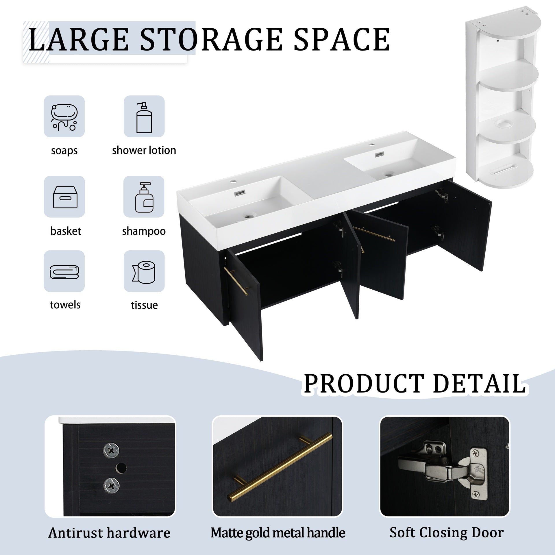 60 Inch Wall-Mounted Bathroom Vanity with Sink and Storage Rack, Thick Edged Double Resin Sink, KD-Package