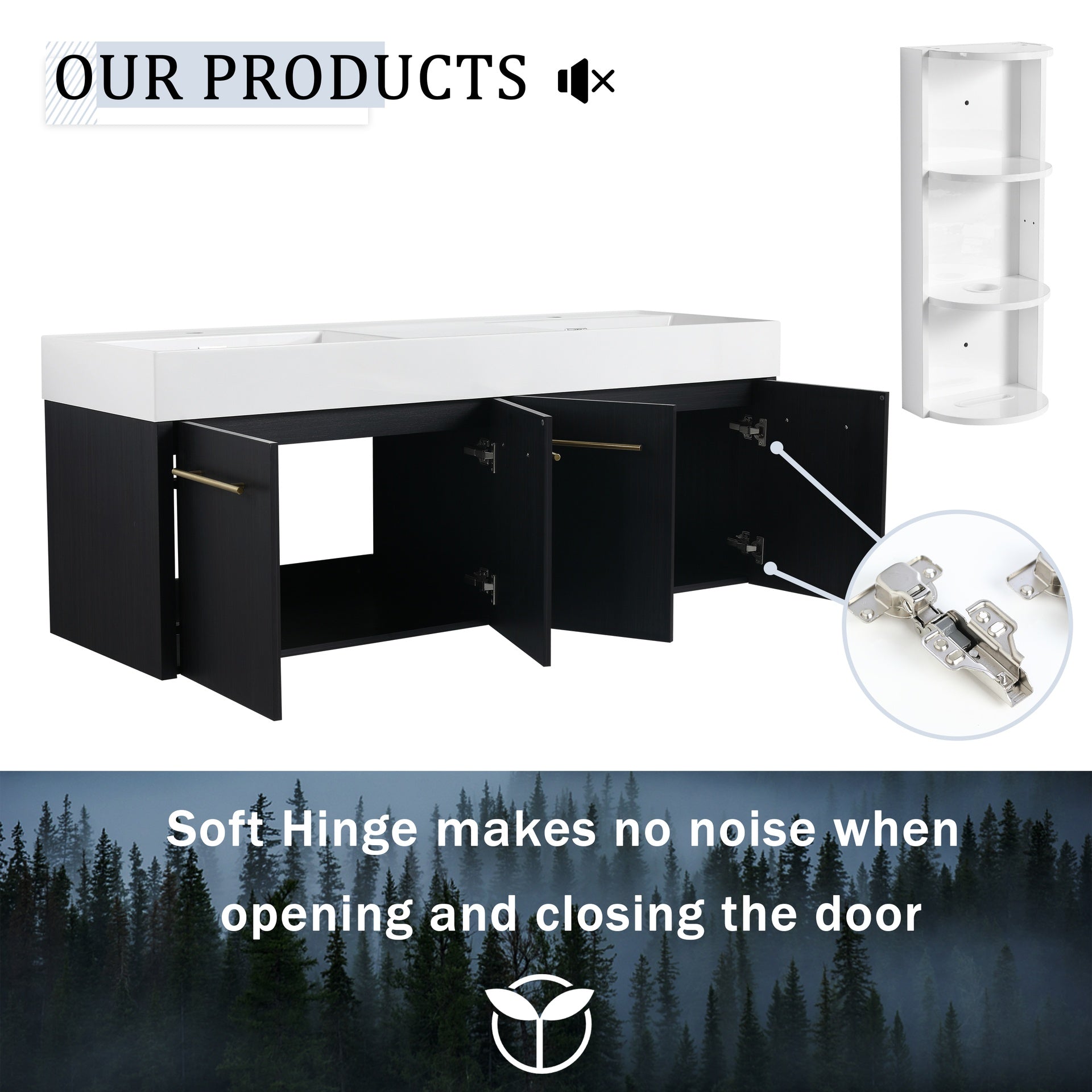 60 Inch Wall-Mounted Bathroom Vanity with Sink and Storage Rack, Thick Edged Double Resin Sink, KD-Package