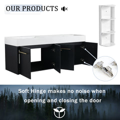 60 Inch Wall-Mounted Bathroom Vanity with Sink and Storage Rack, Thick Edged Double Resin Sink, KD-Package