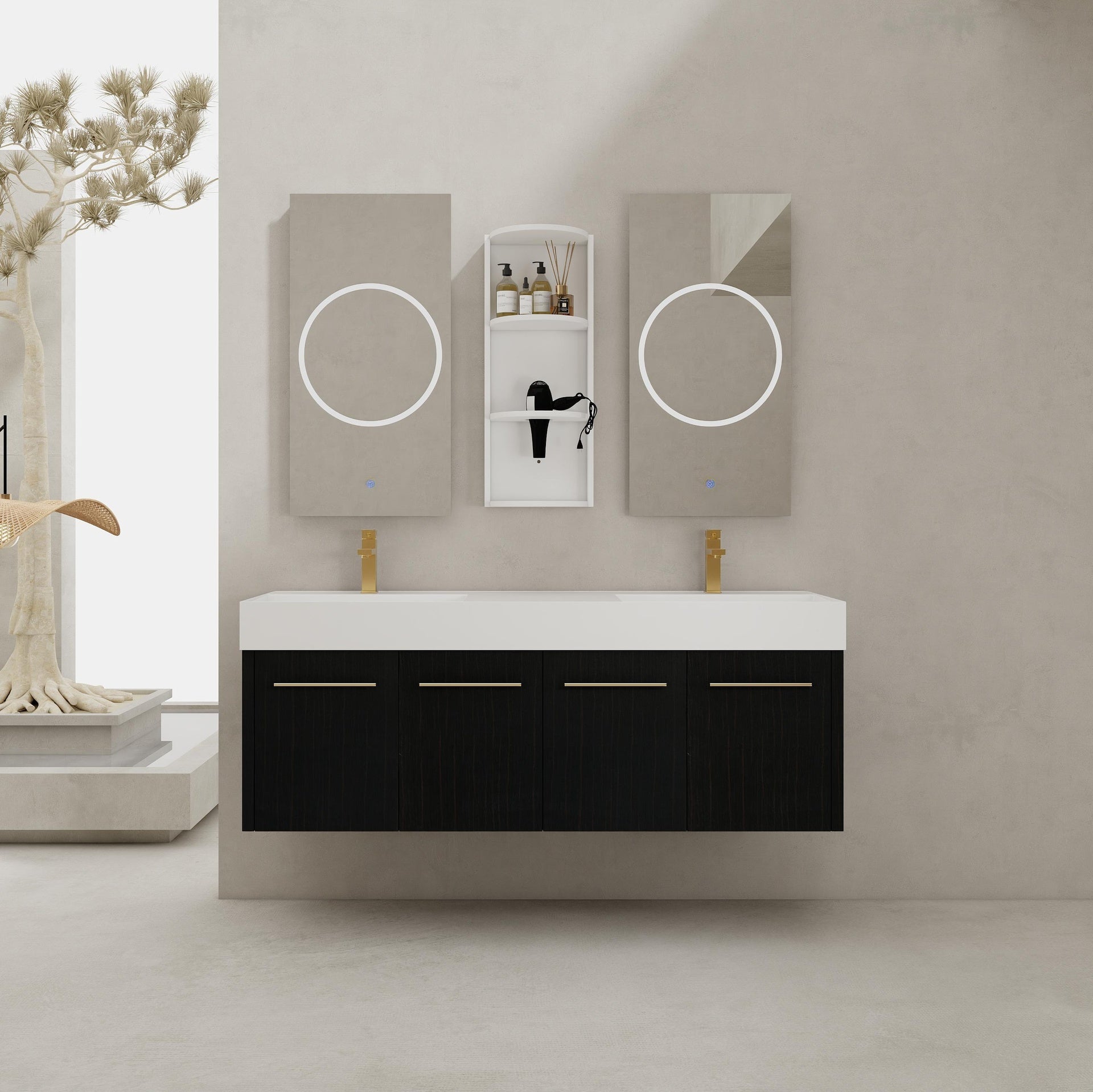 60 Inch Wall-Mounted Bathroom Vanity with Sink and Storage Rack, Thick Edged Double Resin Sink, KD-Package