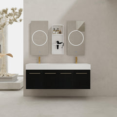 60 Inch Wall-Mounted Bathroom Vanity with Sink and Storage Rack, Thick Edged Double Resin Sink, KD-Package