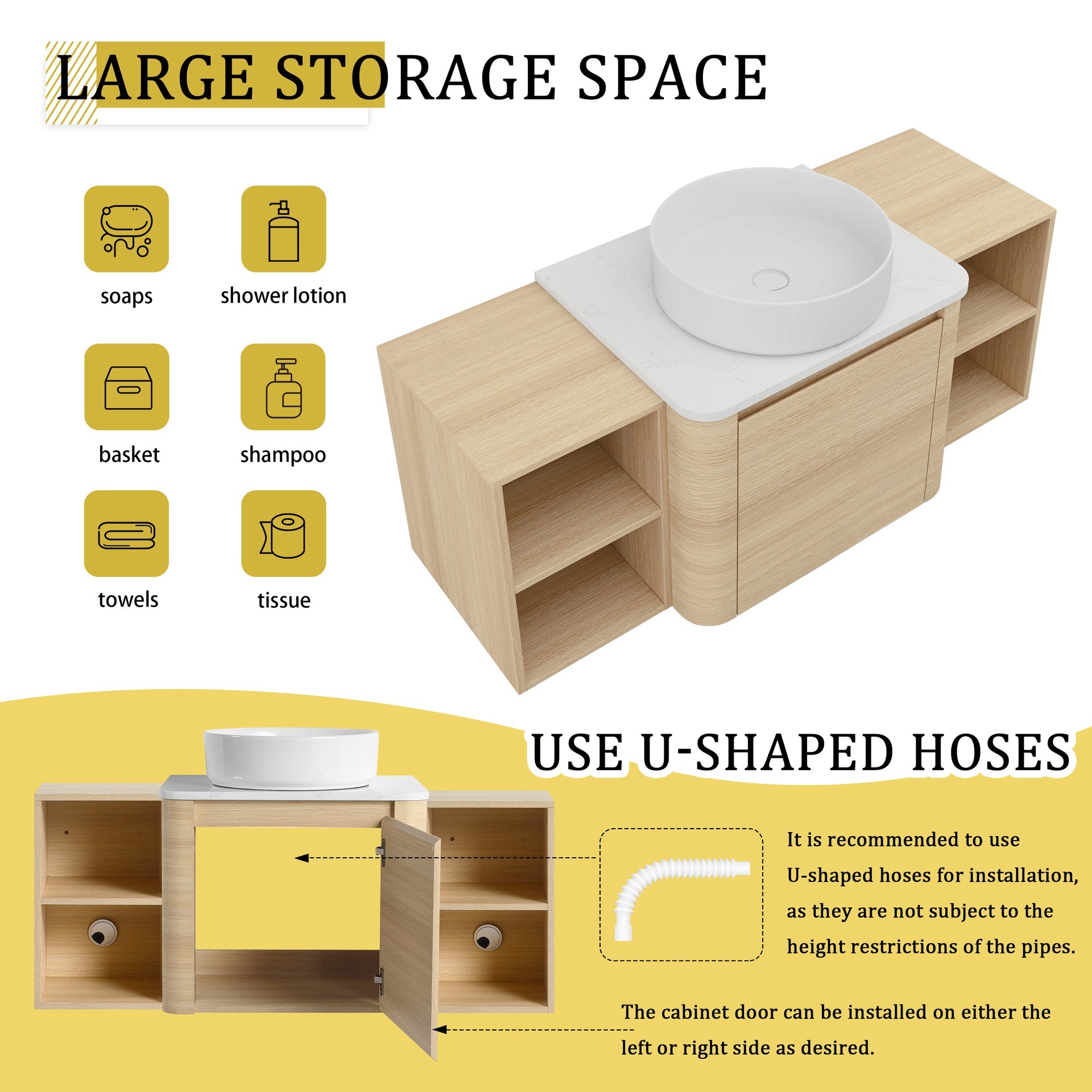 48'' Wall-Mounted Bathroom Vanity With Ceramic Art Sink, and 2-Storage Shelves, Soft-Close Door, KD-Packing, Plywood