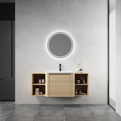 48'' Wall-Mounted Bathroom Vanity with White Ceramic Sink and 2-Storage Shelves & 1-Soft-Close Door, KD-Packing, Plywood, American White Oak