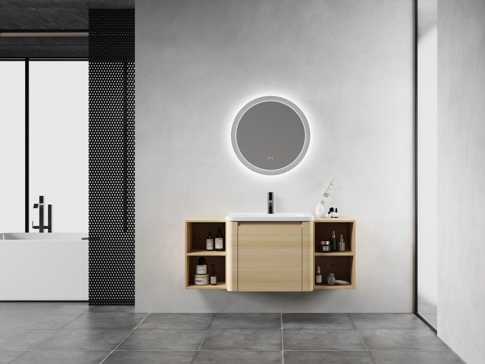48'' Wall-Mounted Bathroom Vanity with White Ceramic Sink and 2-Storage Shelves & 1-Soft-Close Door, KD-Packing, Plywood, American White Oak