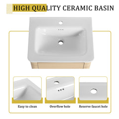 48'' Wall-Mounted Bathroom Vanity with White Ceramic Sink and 2-Storage Shelves & 1-Soft-Close Door, KD-Packing, Plywood, American White Oak