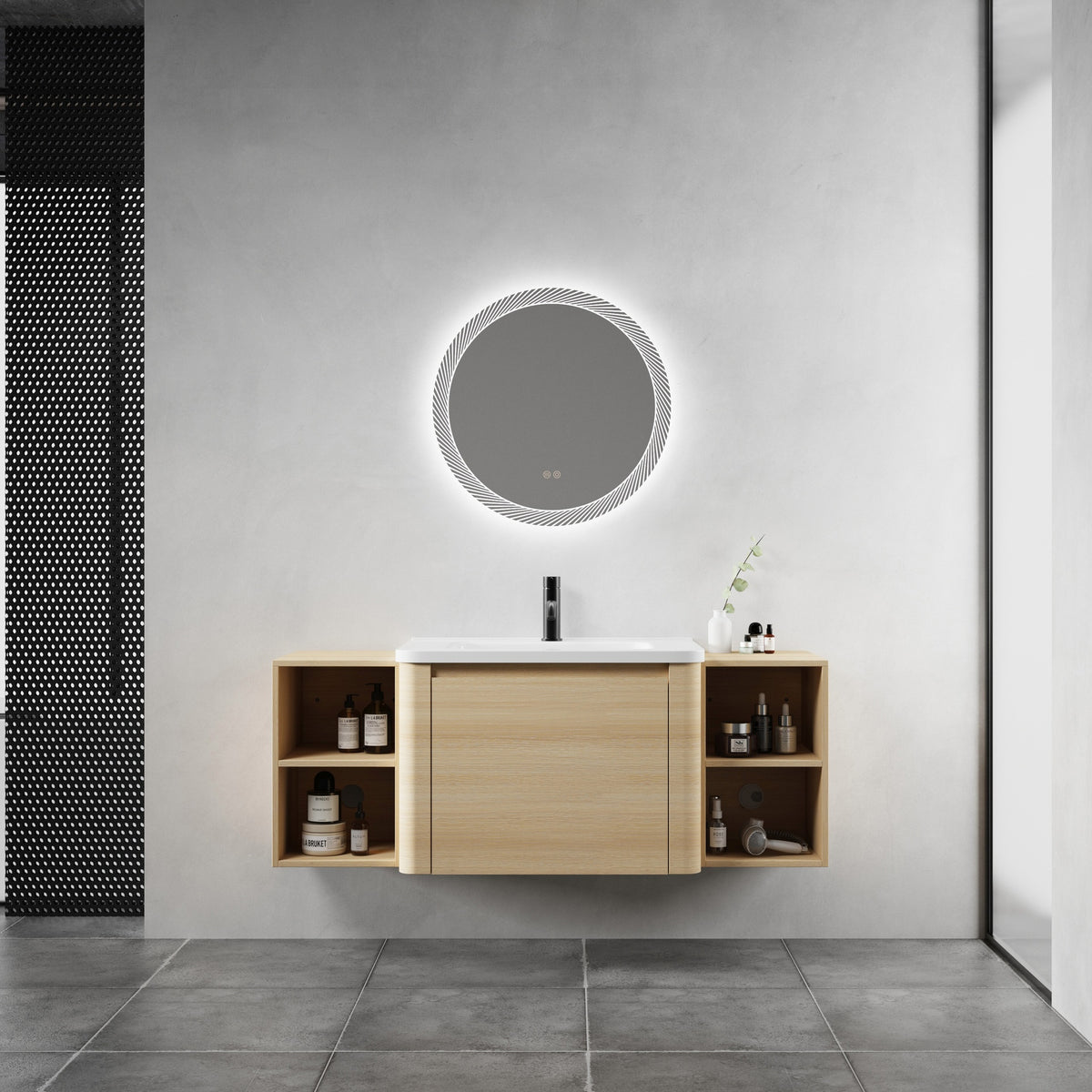 52'' Wall-Mounted Bathroom Vanity with White Ceramic Sink and 2-Storage Shelves & 1-Soft-Close Door, KD-Packing, Plywood, American White Oak