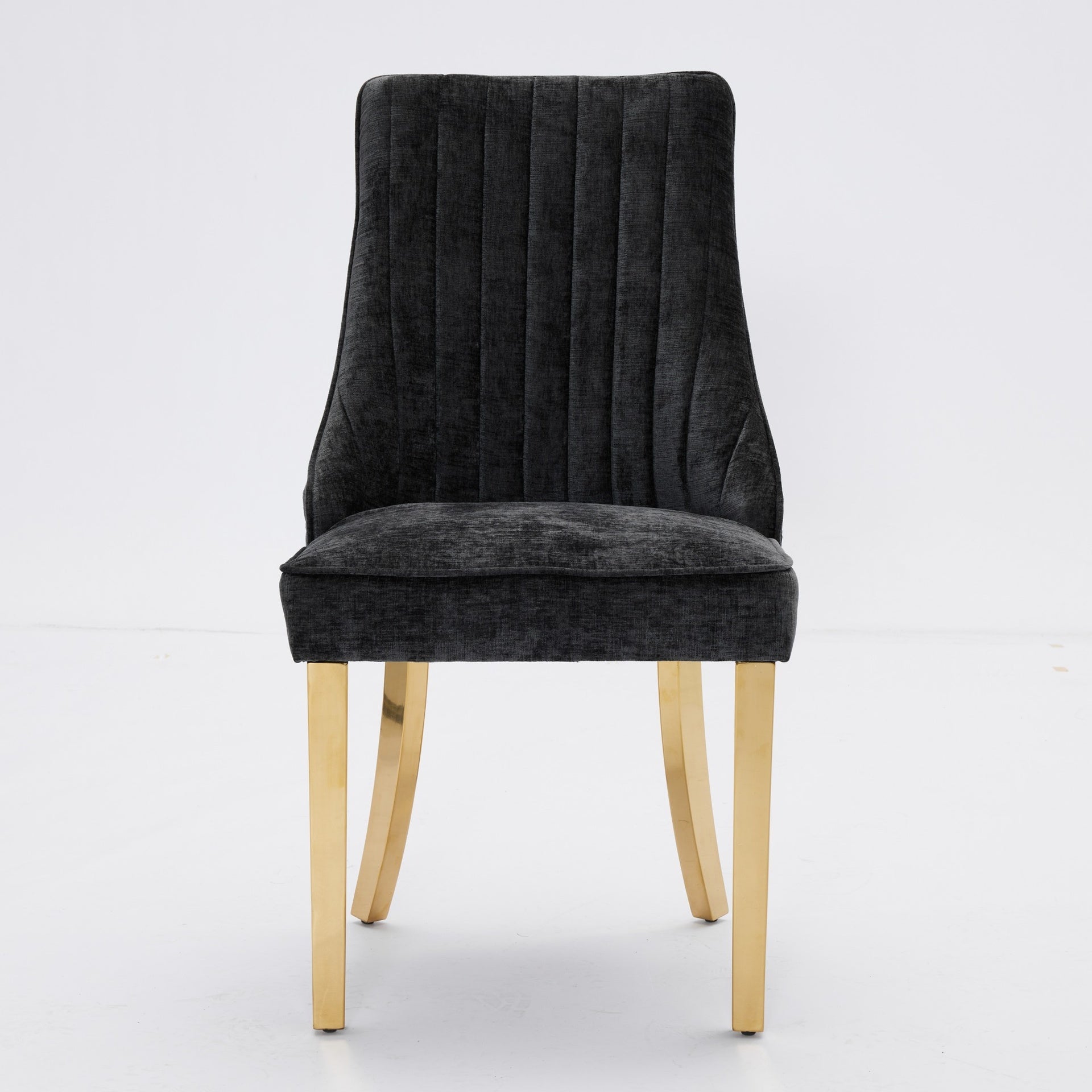 Rayon Cloth Flocking Chenille Dining Chairs Channel Kitchen Dinner Chair Comfy Fabric Upholstered Accent Chair for Dining Room with Golden Stainless Steel Plating Legs,Set of 2 (Black), SW1647BK