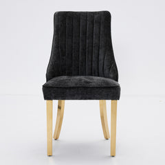 Rayon Cloth Flocking Chenille Dining Chairs Channel Kitchen Dinner Chair Comfy Fabric Upholstered Accent Chair for Dining Room with Golden Stainless Steel Plating Legs,Set of 2 (Black), SW1647BK