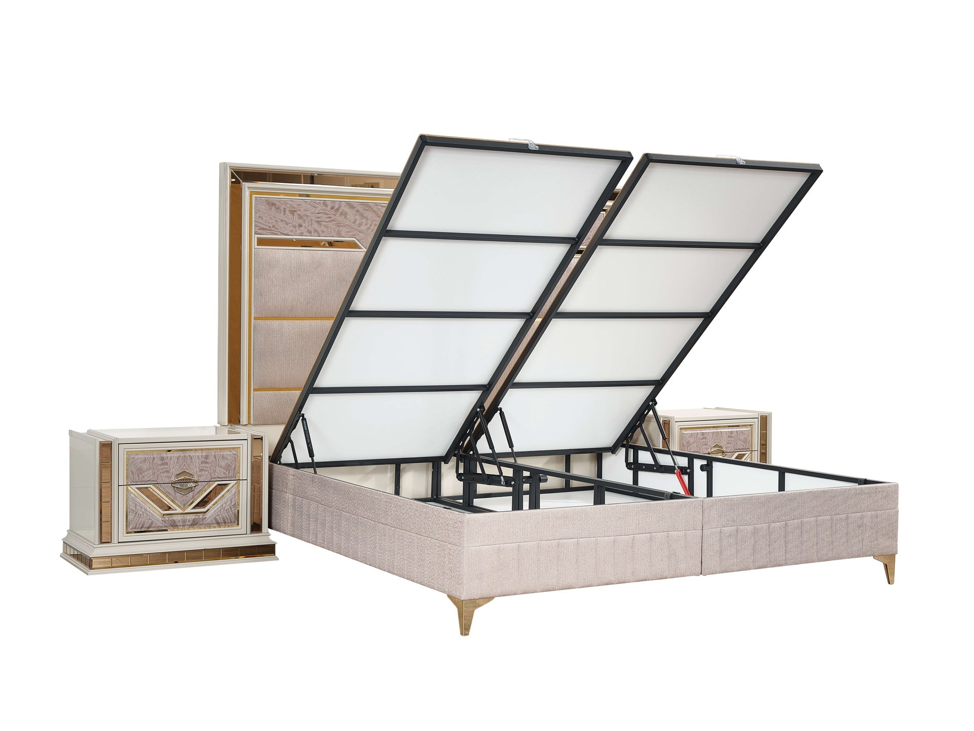 Omari Modern Style 4 Pc King Upholstered Bedroom Set Made with Wood and Gold Accents in Beige (NJ Inventory)
