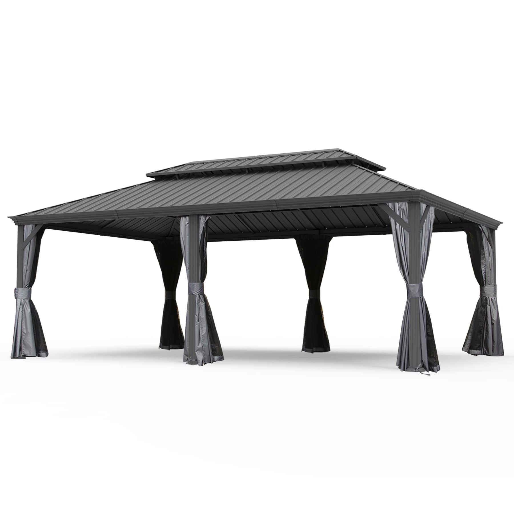 14' X 24' Hardtop Gazebo, Upgraded Metal Gazebo with Drainage System, Dual-Layer Galvanized Steel Roof, Curtain and Netting, Outdoor Shelter Canopy for Patio, Garden, and Backyard, Grey