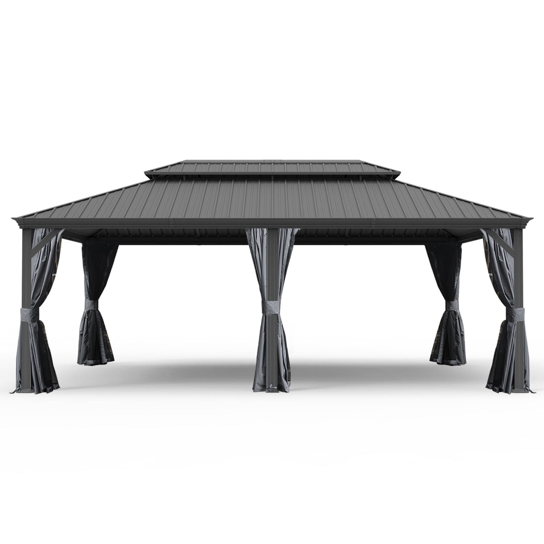 14' X 24' Hardtop Gazebo, Upgraded Metal Gazebo with Drainage System, Dual-Layer Galvanized Steel Roof, Curtain and Netting, Outdoor Shelter Canopy for Patio, Garden, and Backyard, Grey