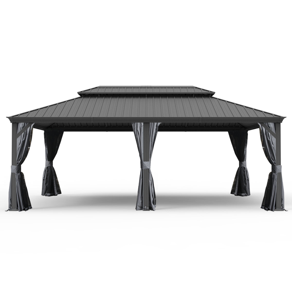 14' X 24' Hardtop Gazebo, Upgraded Metal Gazebo with Drainage System, Dual-Layer Galvanized Steel Roof, Curtain and Netting, Outdoor Shelter Canopy for Patio, Garden, and Backyard, Grey