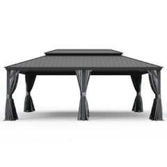14' X 24' Hardtop Gazebo, Upgraded Metal Gazebo with Drainage System, Dual-Layer Galvanized Steel Roof, Curtain and Netting, Outdoor Shelter Canopy for Patio, Garden, and Backyard, Grey