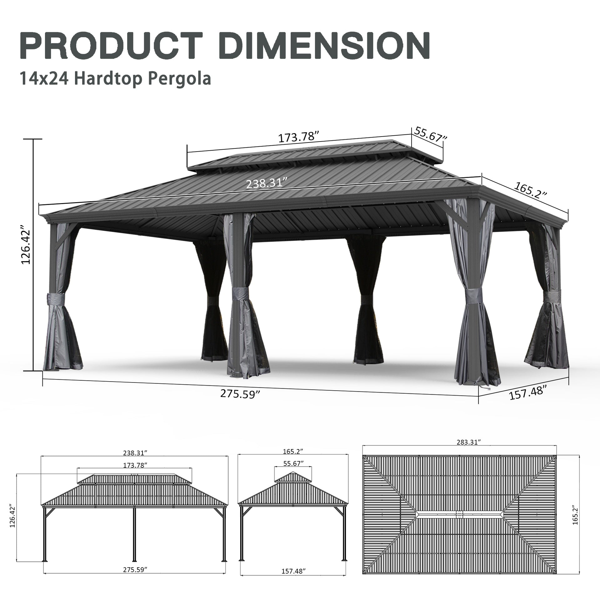 14' X 24' Hardtop Gazebo, Upgraded Metal Gazebo with Drainage System, Dual-Layer Galvanized Steel Roof, Curtain and Netting, Outdoor Shelter Canopy for Patio, Garden, and Backyard, Grey