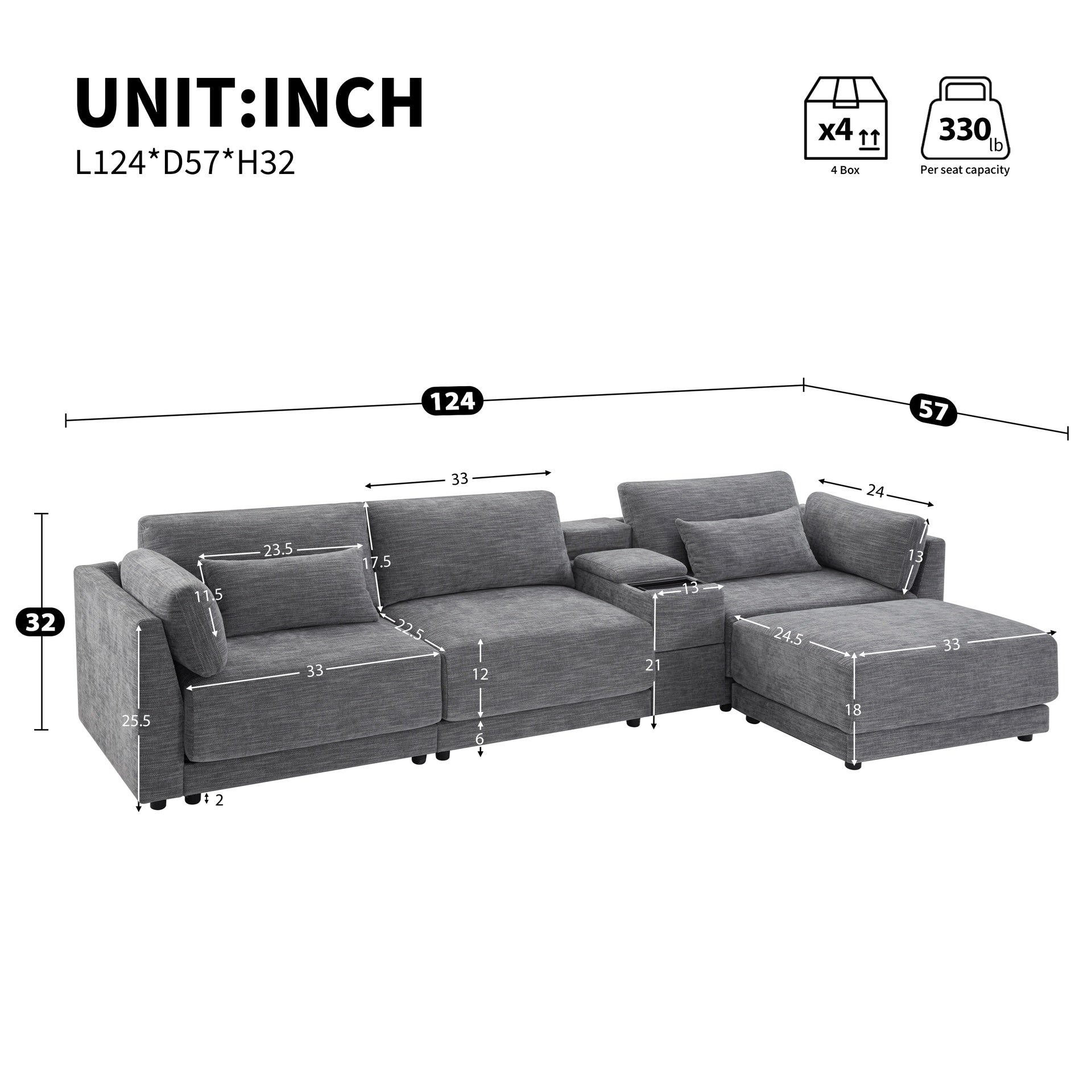 124'' L-Shaped Sectional Sofa with Multi-Functional Storage Console, Wired&Wireless Charger, Movable Ottoman, Wider&Thicker Cushion, Free Combination for Living Room&Apartment, Chenille