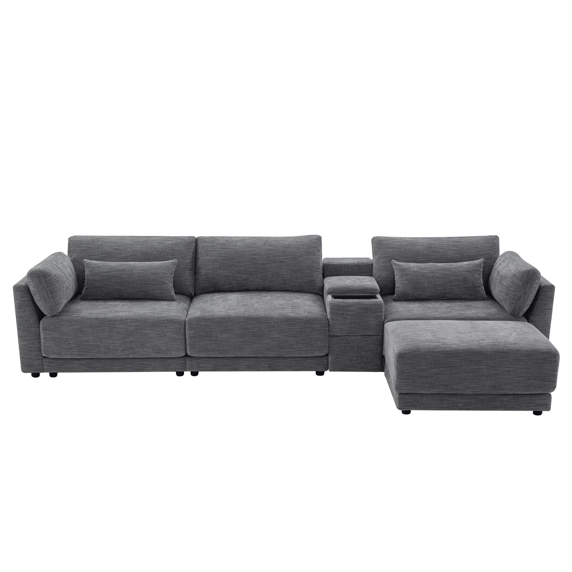 124'' L-Shaped Sectional Sofa with Multi-Functional Storage Console, Wired&Wireless Charger, Movable Ottoman, Wider&Thicker Cushion, Free Combination for Living Room&Apartment, Chenille