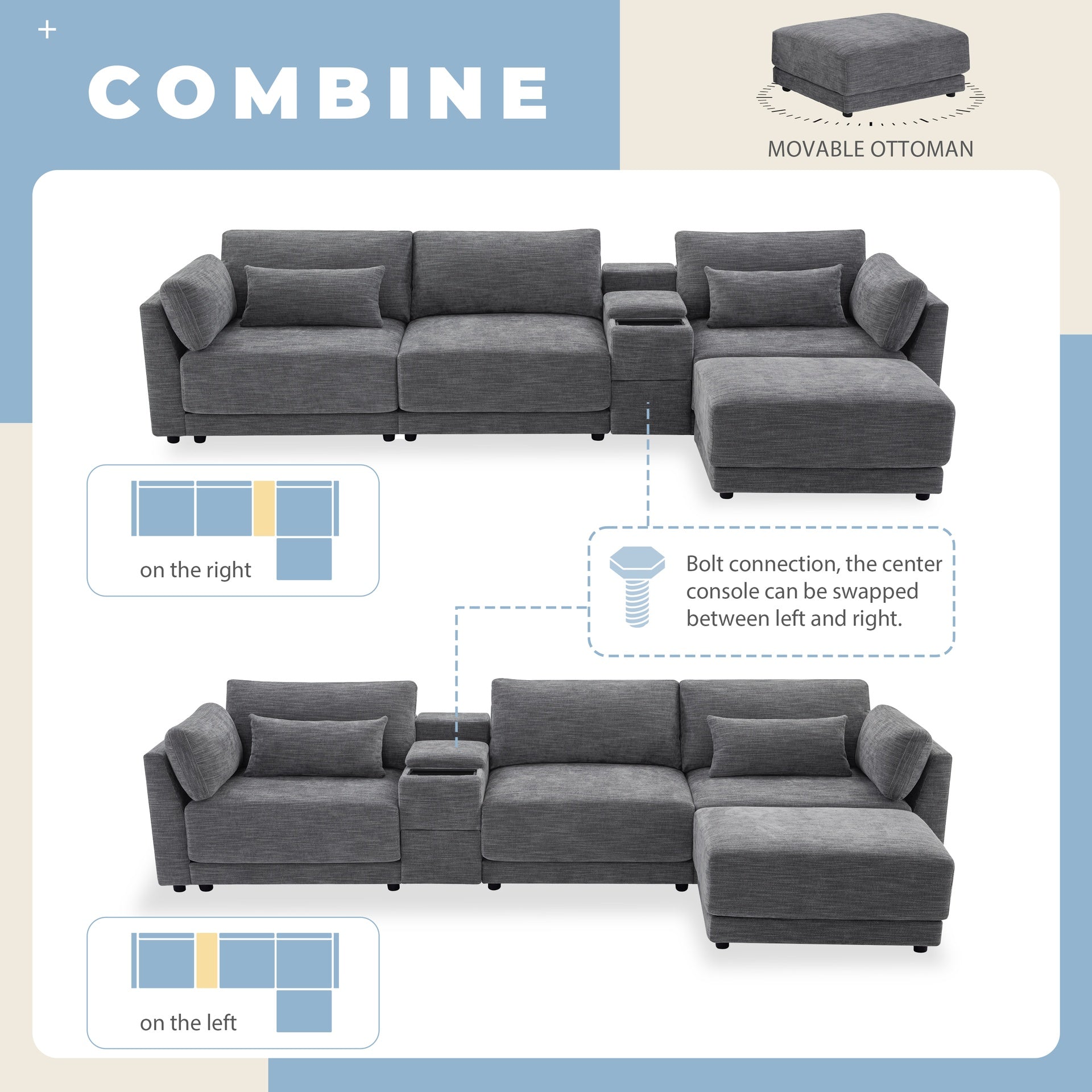 124'' L-Shaped Sectional Sofa with Multi-Functional Storage Console, Wired&Wireless Charger, Movable Ottoman, Wider&Thicker Cushion, Free Combination for Living Room&Apartment, Chenille