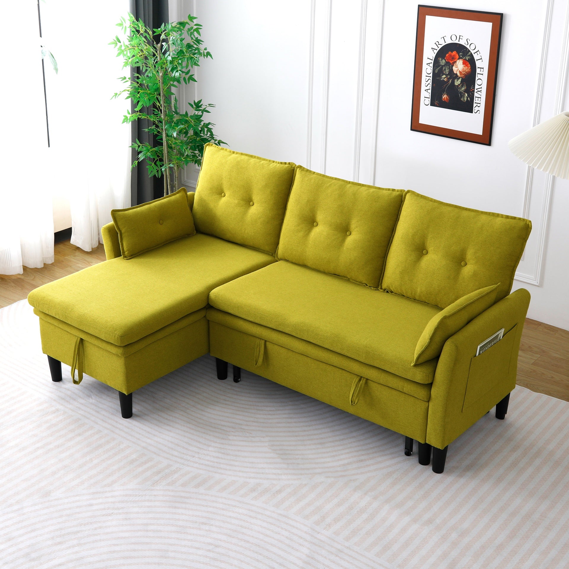 L-Shaped Reversible Chaise Sectional Sofa with Storage - Cotton-Linen, Green, Office & Apartment Ready
