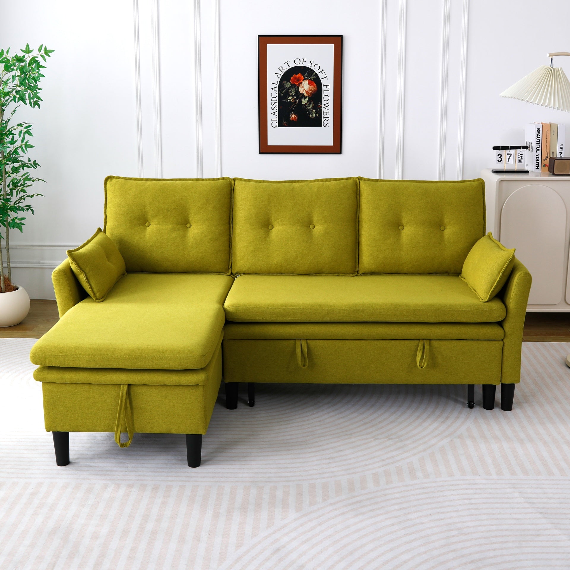 L-Shaped Reversible Chaise Sectional Sofa with Storage - Cotton-Linen, Green, Office & Apartment Ready