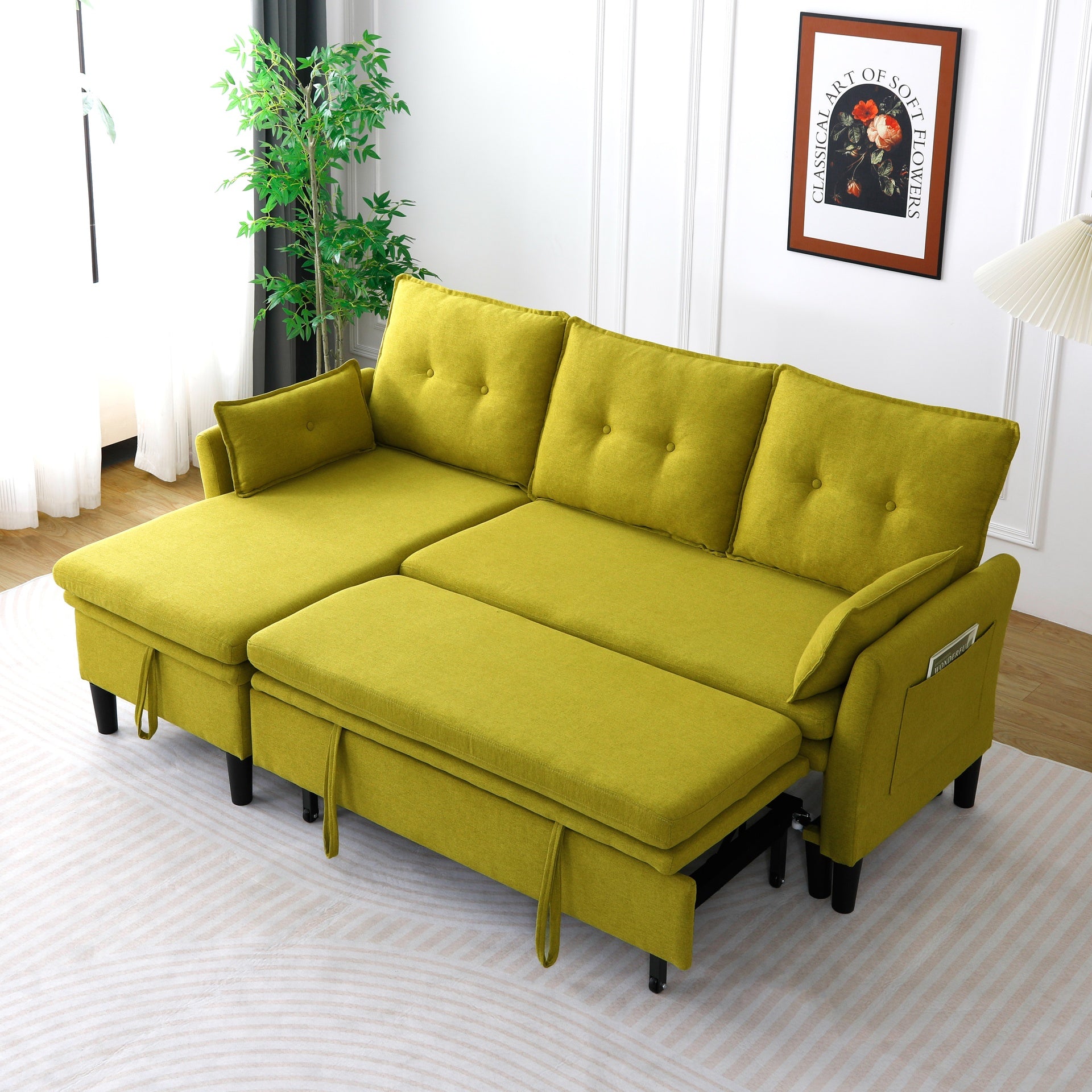 L-Shaped Reversible Chaise Sectional Sofa with Storage - Cotton-Linen, Green, Office & Apartment Ready