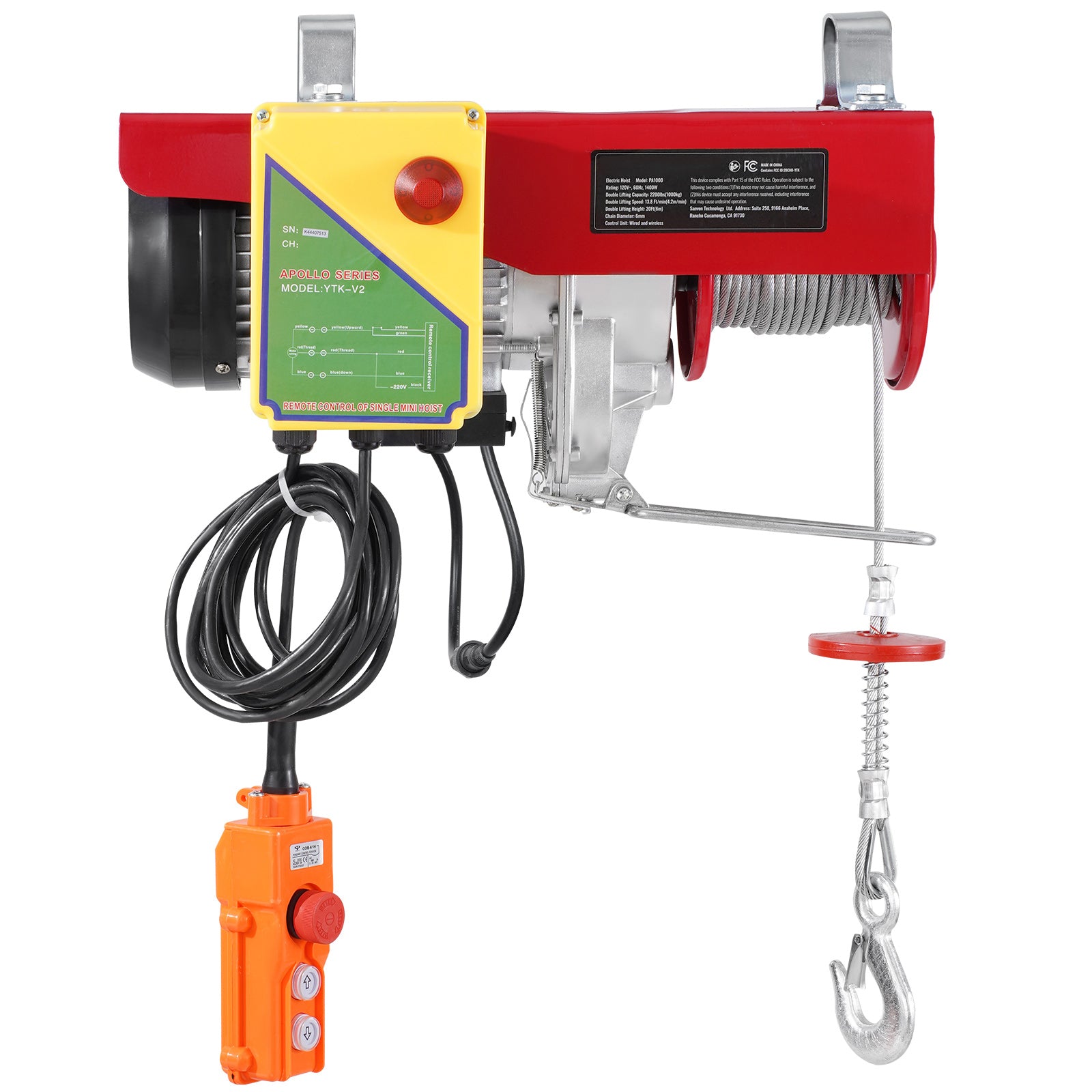 Electric Hoist Crane Winch 2200 lbs 328 ft Wireless & 14 ft Wired Remote