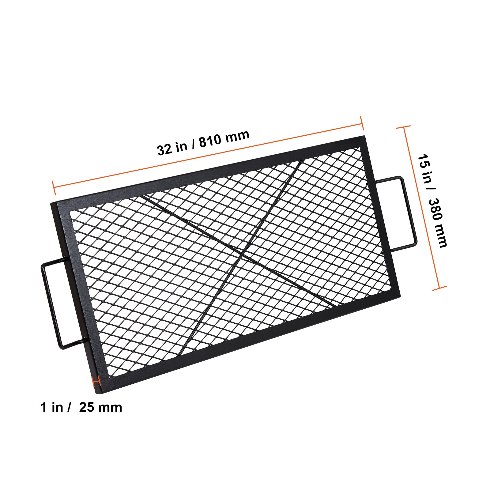 X-Marks Fire Pit Grill Grate, Rectangle Cooking Grate, Heavy Duty Steel Campfire BBQ Grill Grid with Handle & Support X Wire, Portable Camping Cookware for Outside Party Gathering, 32 Inch Black