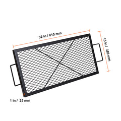 X-Marks Fire Pit Grill Grate, Rectangle Cooking Grate, Heavy Duty Steel Campfire BBQ Grill Grid with Handle & Support X Wire, Portable Camping Cookware for Outside Party Gathering, 32 Inch Black